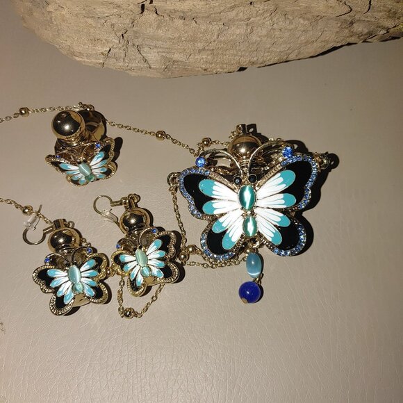 Perfume Butterfly Statement Jewelry Set Necklace Earring Ring Enamel Detailing - Picture 3 of 11